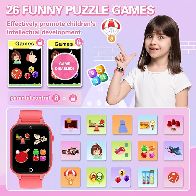 Vakzovy Kids Smart Watch Christmas Birthday Gifts for Girls Boys Age 6-12 with 26 Games Video Camera Music Pedomete Educational Toys Birthday Gifts for Girls Ages 5 6 7 8 9