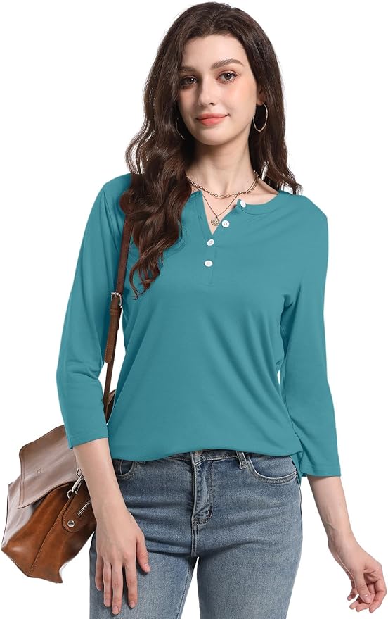 PGANDS Women's 3/4 Length Sleeve T Shirts Button Down Scoop Neck Casual Tops