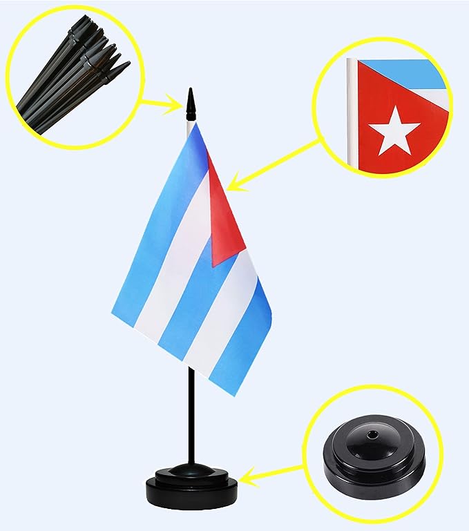 Cuba Cuban Deluxe Desk Flag Set, Small Mini Miniature Cuba Cuban Table Desktop Flags With Solid Pole, Black Base and Spear Top(2 Pack)