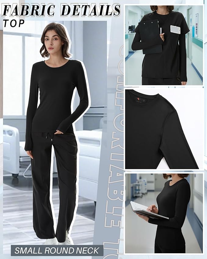 4 Pack Women's Underscrub Shirts Nurse Undershirts Long Sleeve Crewneck Slim Fit Tops Soft Stretchy Basic Tee