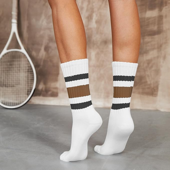 Acomono Retro Striped Slouchy Crew Socks for Men & Women 3 Pairs Cotton Athletic Tube Cushioned Calf Tennis Socks Size 5–11