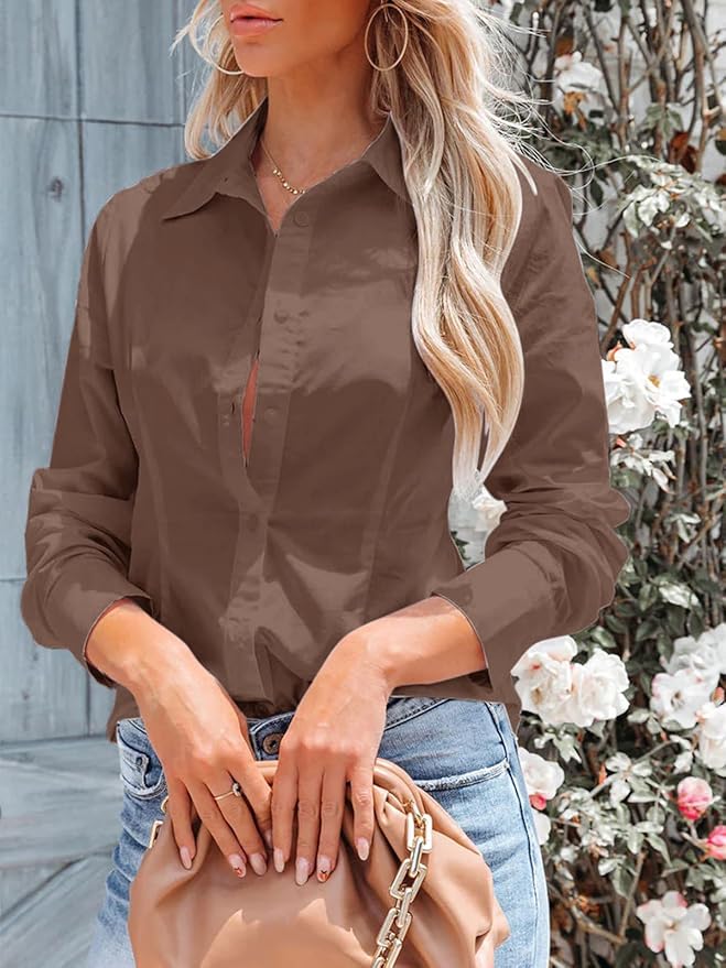 siliteelon Women's Button Down Shirts Long Sleeve Dress Shirts Wrinkle Free Collared Work Office Solid Blouses Corset Tops