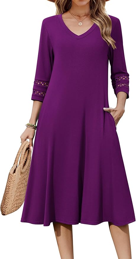 Zeagoo Women's Dresses 3/4 Sleeve Summer Casual V-Neck A Line Flowy Eyelet Midi Dress for Women Beach Vacation Sundress