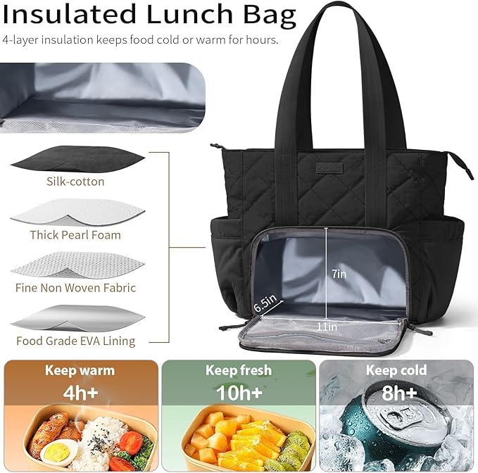 Puffer Lunch Tote Bag for Women, 15.6 Inch Laptop Work Bag with Insulated Lunch Compartment & Large Cup Holder, Lightweight Quilted Puffy Lunch Box Purse for Teacher Nurse Travel Office Daily School