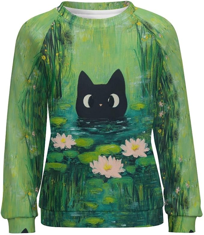 Spatofa Womens novelty funny cat printed crewneck sweatshirt casual loose long sleeve graphic pullover sweatshirts tops