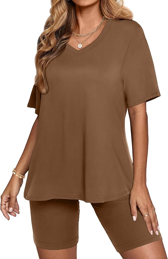 AGSEEM Two Piece Outfits For Women Summer V Neck T-Shirt Tops Biker Shorts Workout Sports Tracksuit
