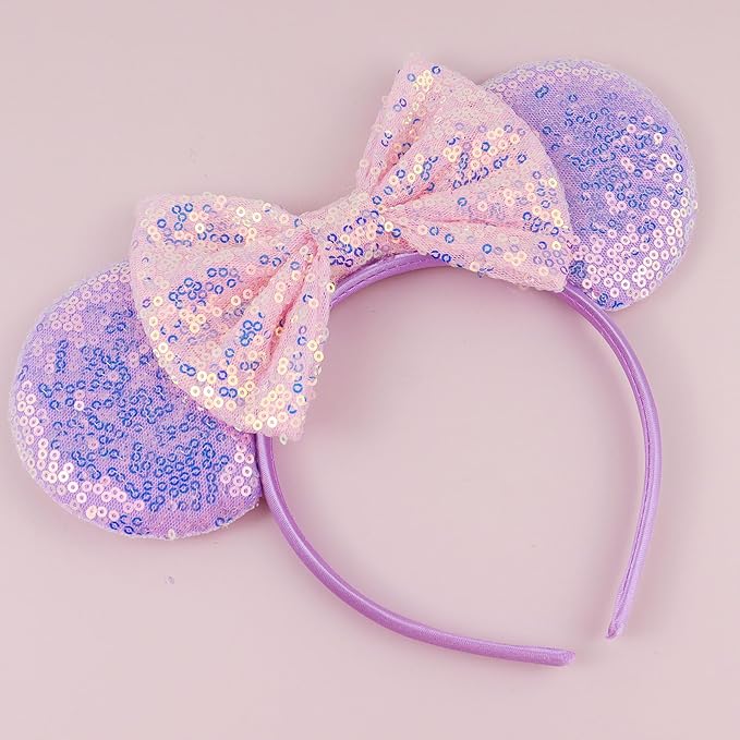LIHELEI Mouse Ears Headband for Princess, Pink Headbands for Women Halloween Costume, Sequin Bows Headwear Hair Accessories - Pink Pruple