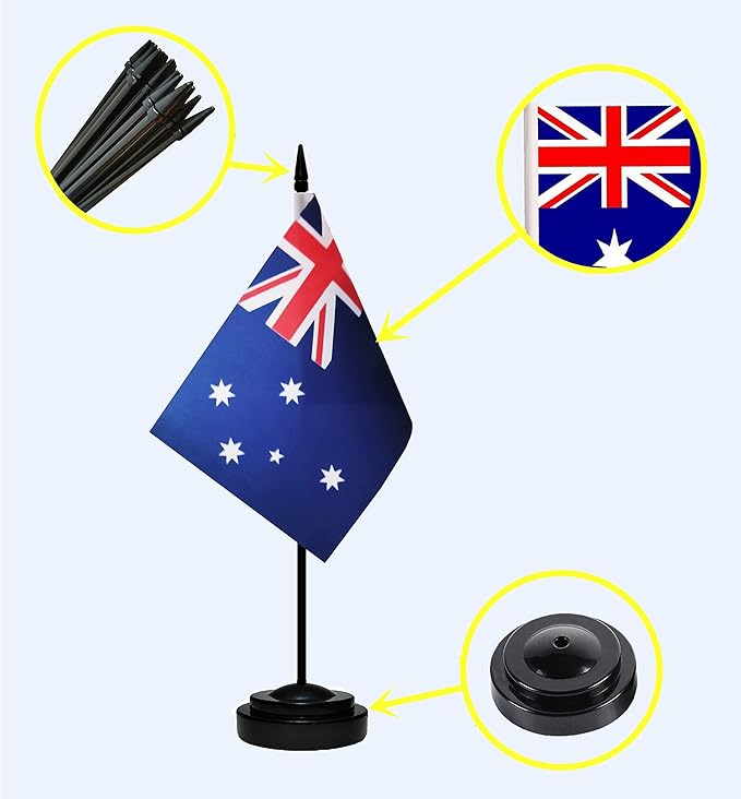 USA American & Australia Australian Desk Flags, US Australia Table Flag, Small Mini American & Australian Twin Table Office Flag, Miniature Australian and US Desktop Flag With 13" Solid Black Pole, Black Base