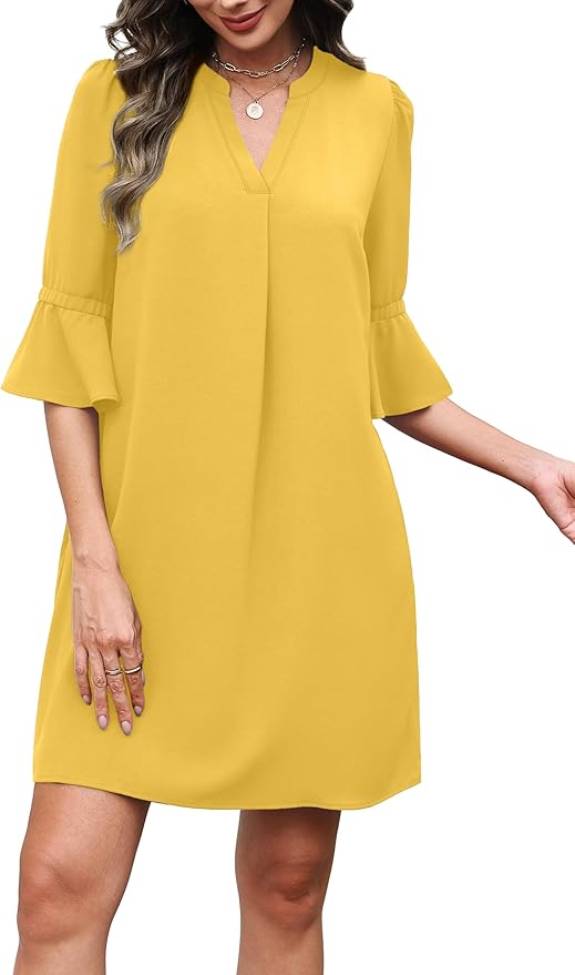RUMIA Shift Dress for Women V Neck Ruffle Short Sleeve Loose Casual Summer Dress