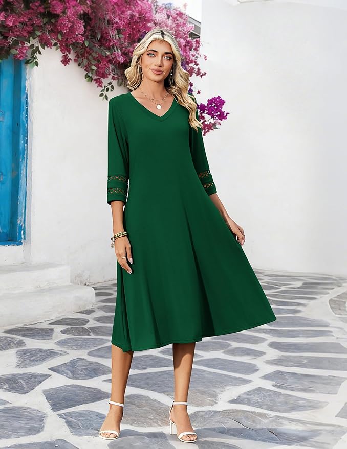 Zeagoo Women's Dresses 3/4 Sleeve Summer Casual V-Neck A Line Flowy Eyelet Midi Dress for Women Beach Vacation Sundress