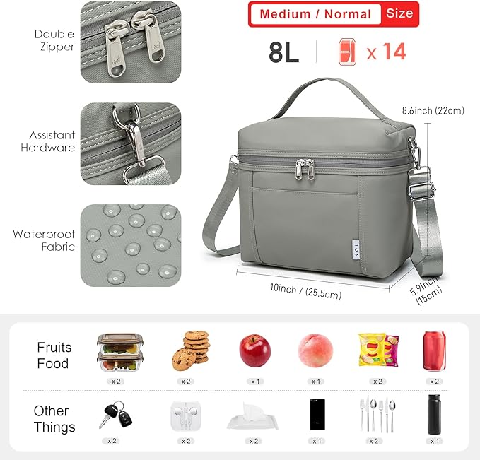 NOL Natural Organic Lifestyle Insulated Lunch Bags for Women Cooler Bag Lightweight Nylon Waterproof Lunch Box For Work (Cool gray, Medium(normal))