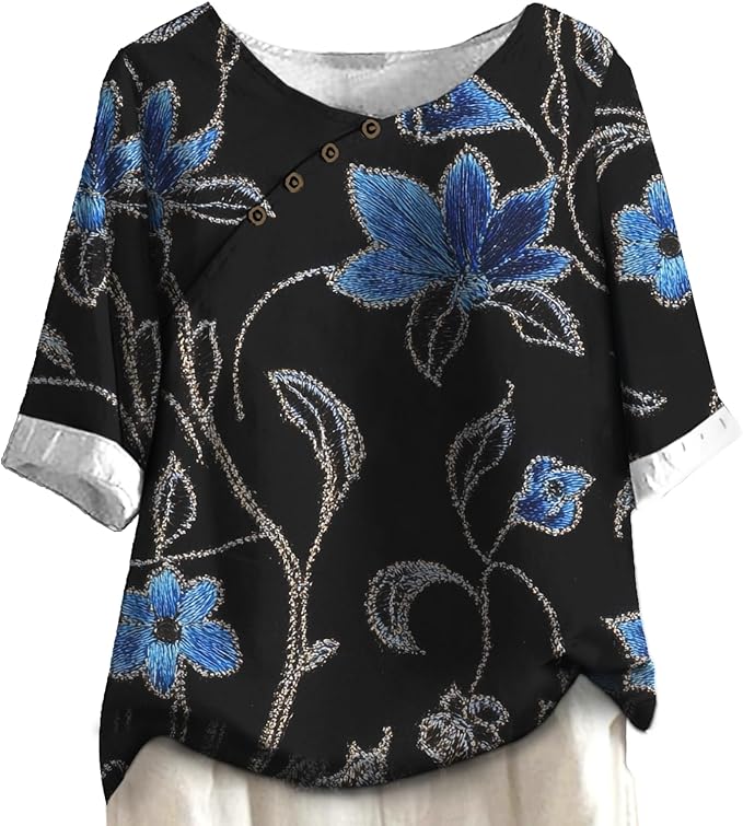 Women's Shirts Dressy Casual Asymmetric Side Button Down Design Tops Summer Loose Fit Crewneck Graphic Tees
