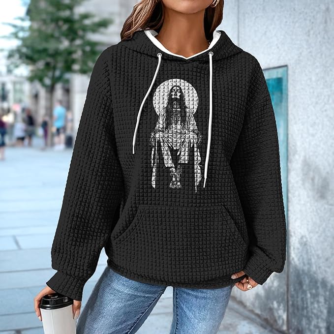 domirica Black Pullover Sweatshirts For Women Trendy Long Sleeve Waffle Sweatshirt With Hood Comfy Fall Clothing Qutfits