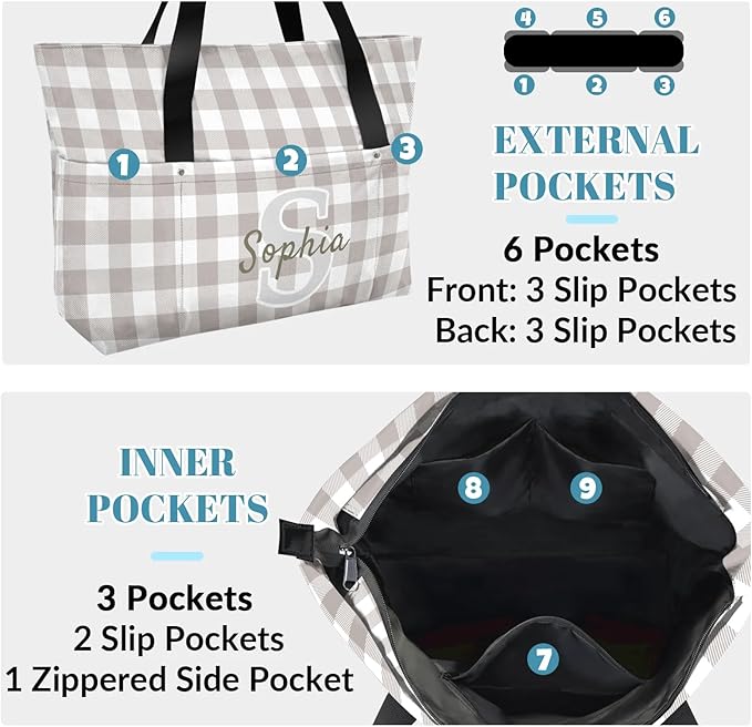 Custom Tote Bag for Women with Name Monogram for Work, Shopping, Travel, Beach