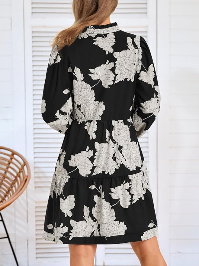 Imily Bela Womens Fall Long Sleeve Tunic Dress Casual V Neck Loose Ruffle Tiered Dress