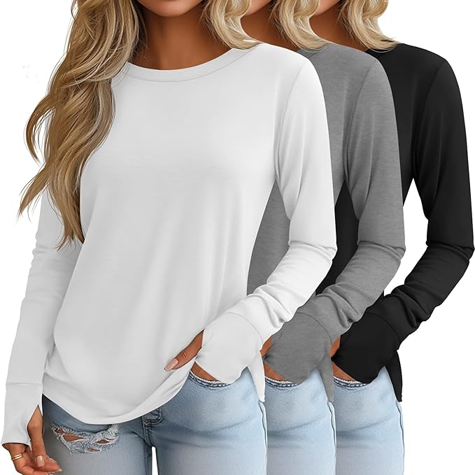 Huukeay 3 Pack Women's Long Sleeve Shirts with Thumb Holes, Cotton Casual Crew Neck Tunic Tops Fall Loose Y2k Trendy Outfits
