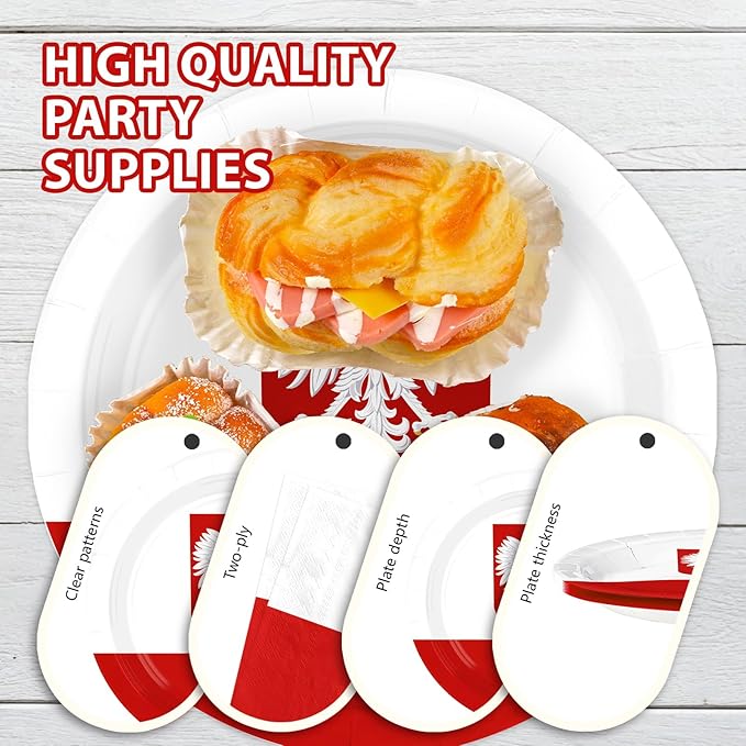 Greencian 96Pcs Poland Flag Party Decorations National Country Decoration Poland National Day Plates and Napkins Tableware Set for Polish Red and White Patriotic Festival Party Supplies，Serves 24