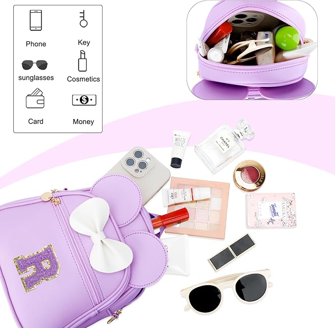 KKXIU Girls Initial Bowknot Cute Mini Backpack for Toddler, Travel Small Girl Backpacks, Personalized Valentine's Day Gifts for Little Girls and Kids(R, Purple)