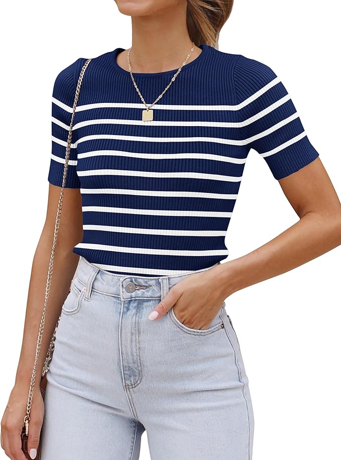 ZESICA Women's Short Sleeve Crewneck Striped T Shirt 2026 Summer Ribbed Knit Slim Fit Casual Basic Tee Tops