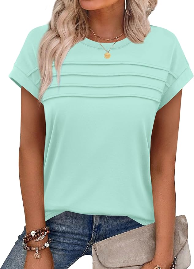 WEESO Womens Summer Tops Trendy 2026 Cap Sleeve T Shirts Crew Neck Pleated Front Beach Vacation Clothes Fashion