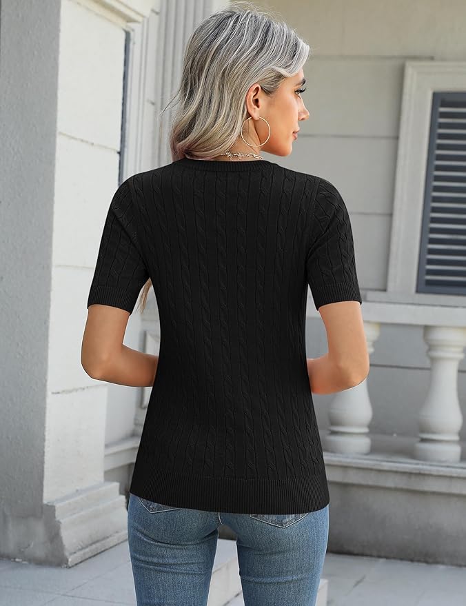 Micoson Womens Short Sleeve Cable Knit Sweater Tops Crewneck Lightweight Spring Summer Shirts Business Dressy Casual Outfits
