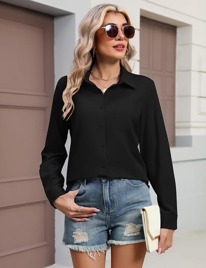 HOTOUCH Button Down Shirts for Women Long Sleeve Blouse Dressy Casual Business Work Tops with Pocket