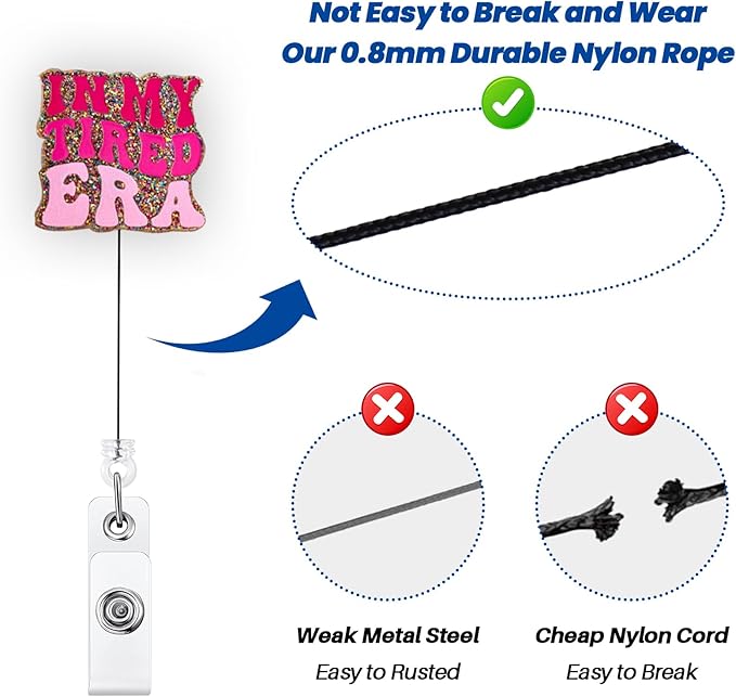 in My Tired Era Funny Office Badge Reel, Pink Retractable ID Card Badge Holder, Name Tag Work Badge Clip for RN LPN CNA MA ER Night Shift Nurse Nursing Student Doctor Teacher, Nurse Teacher Gifts