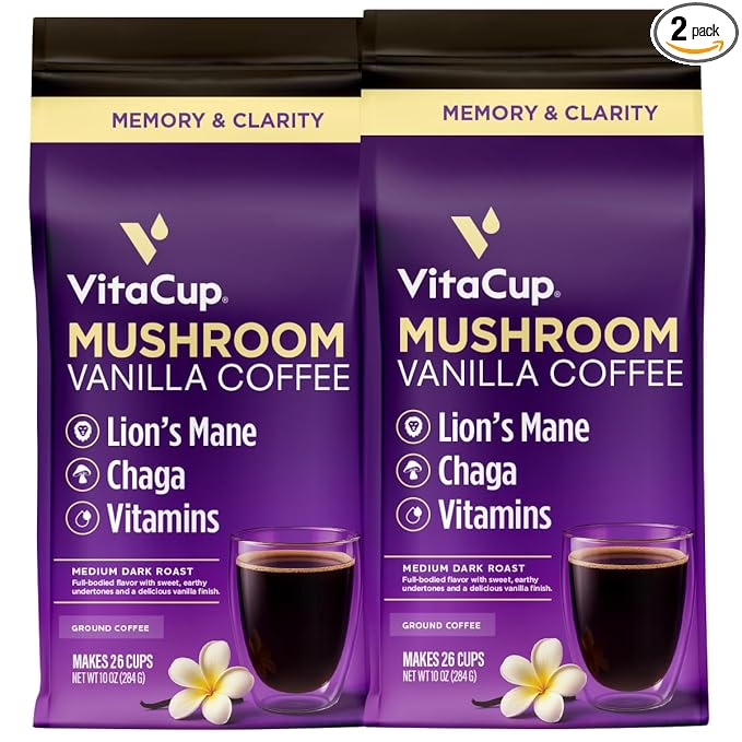 VitaCup Mushroom Coffee Grounds, Vanilla Flavored Coffee with Lions Mane, Chaga, B Vitamins, D3, Boost Focus, Immunity, Memory & Clarity, Medium Dark Roast, 100% Arabica Specialty, 2 bags, 10 oz each