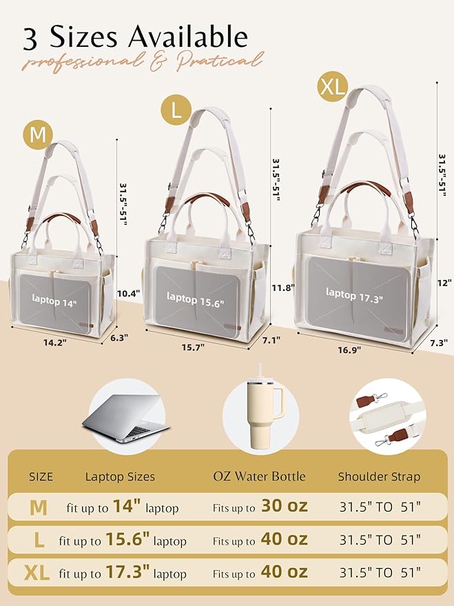BESBESME Canvas Tote Bag for Women with Zipper & Compartments– Large Work & College Laptop Tote Crossbody Shoulder Bag