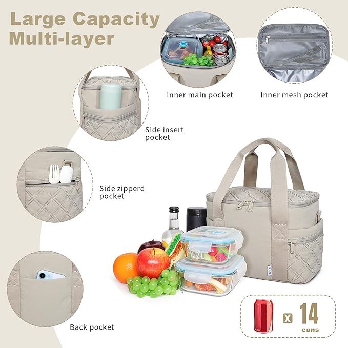 NOL Natural Organic Lifestyle Women's Nylon Lunch Cooler Cute Quilted Lunch Bag Large Leakproof Insulated Lunch Tote Bag for Work Picnic Travel,Khaki