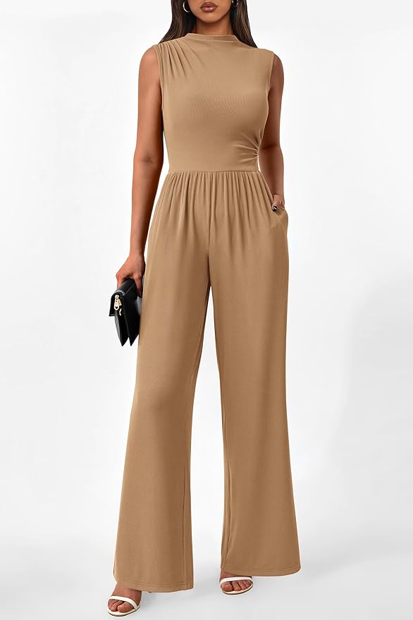 PRETTYGARDEN Womens Summer Jumpsuits Dressy Casual One Piece Outfits Sleeveless Mock Neck Wide Leg Pants Rompers with Pockets