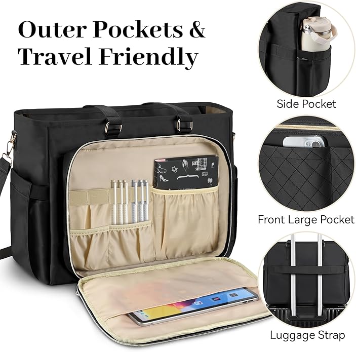 Teacher Tote Bag for Women,Multi-Pocket Laptop & Nurse Work Bag with Cup Holder,Structured Business Briefcase Computer Purse