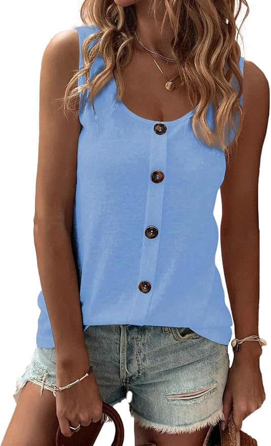 SHEWIN Womens Tank Tops Solid Button Crewneck Sleeveless Summer Tops Loose Fit
