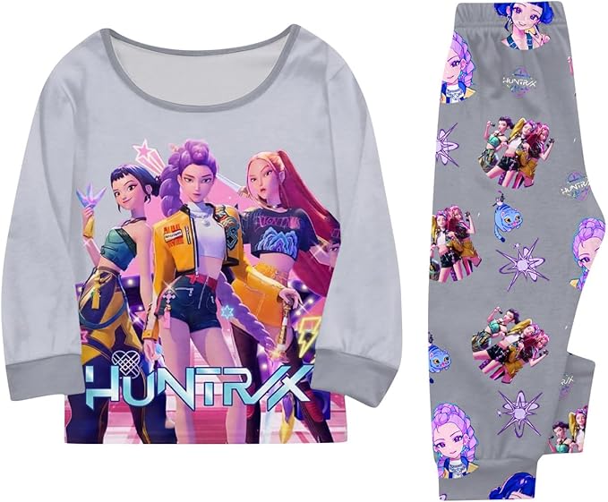 Girls 2 Piece K Pop Singer Outfits Cute Cartoon Graphic Shirts and Pants Casual Tracksuit Fashion Clothing Sets
