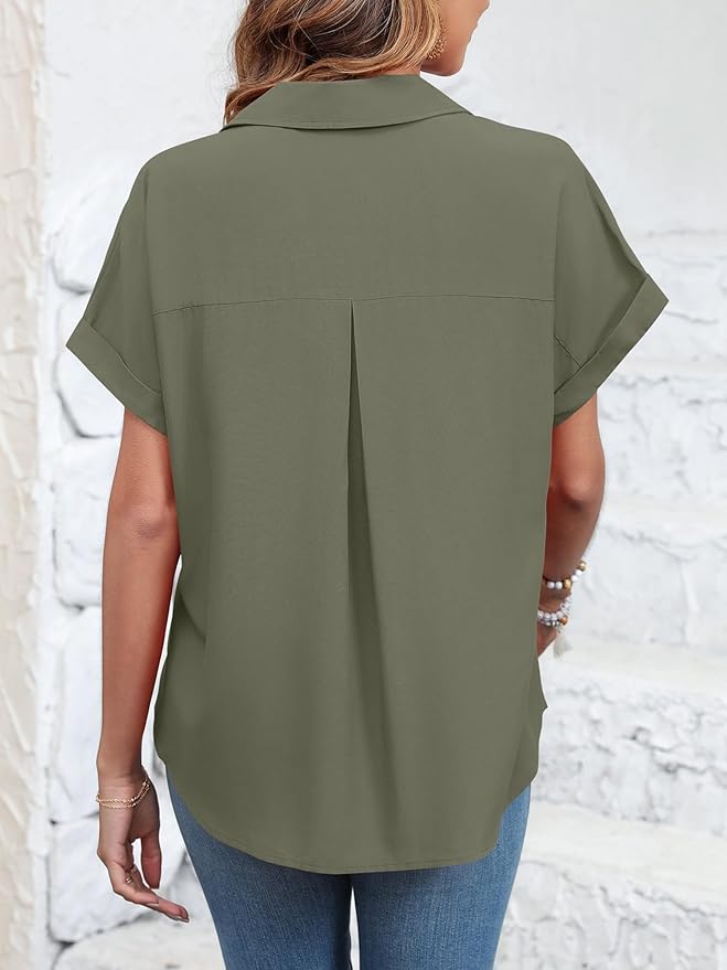 Womens Button Down Shirt Casual Short Sleeve Collared Work Blouse with Pocket