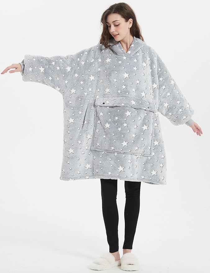 KFUBUO Wearable Blanket Hoodie for Adults Sherpa Glow in The Dark Oversized Sweatshirt Blanket with Pockets Cute Birthday Gifts for Women