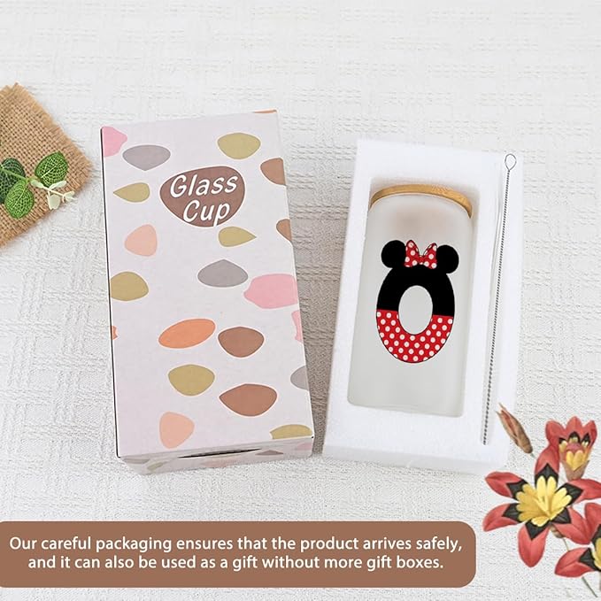 Cute Cartoon Mouse Lover Gifts Initial A-Z Personalized Iced Coffee Cup Magic Mouse Stuff Wizard Gift 16oz Glass Cup with Lid and Straws Birthday Christmas Gifts for Women Teen Girls (Letter O)