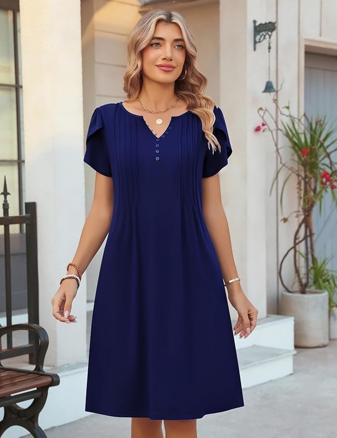Zeagoo Women's Casual Dresses with Pockets Summer Floral V-Neck A-Line Tshirt Dress Short Sleeve Mini Dress Beach Sundress