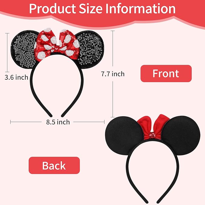 Sotaila 2 Pack Red Mouse Ears Headbands for Women Girls, Sequin Bow Headband for Cosplay Costume Birthday Party Decorations Hair Accessories
