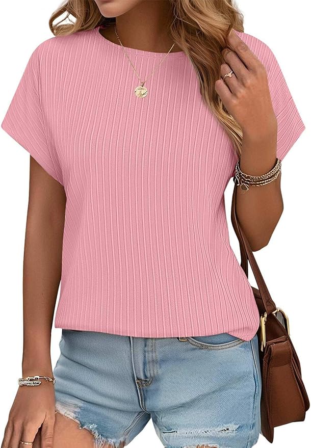 JUSTFASHIONNOW Womens Short Sleeve Blouses Business Casual Tops Crew Neck Basic Tees Textured Work Shirts Cute Office Outfits