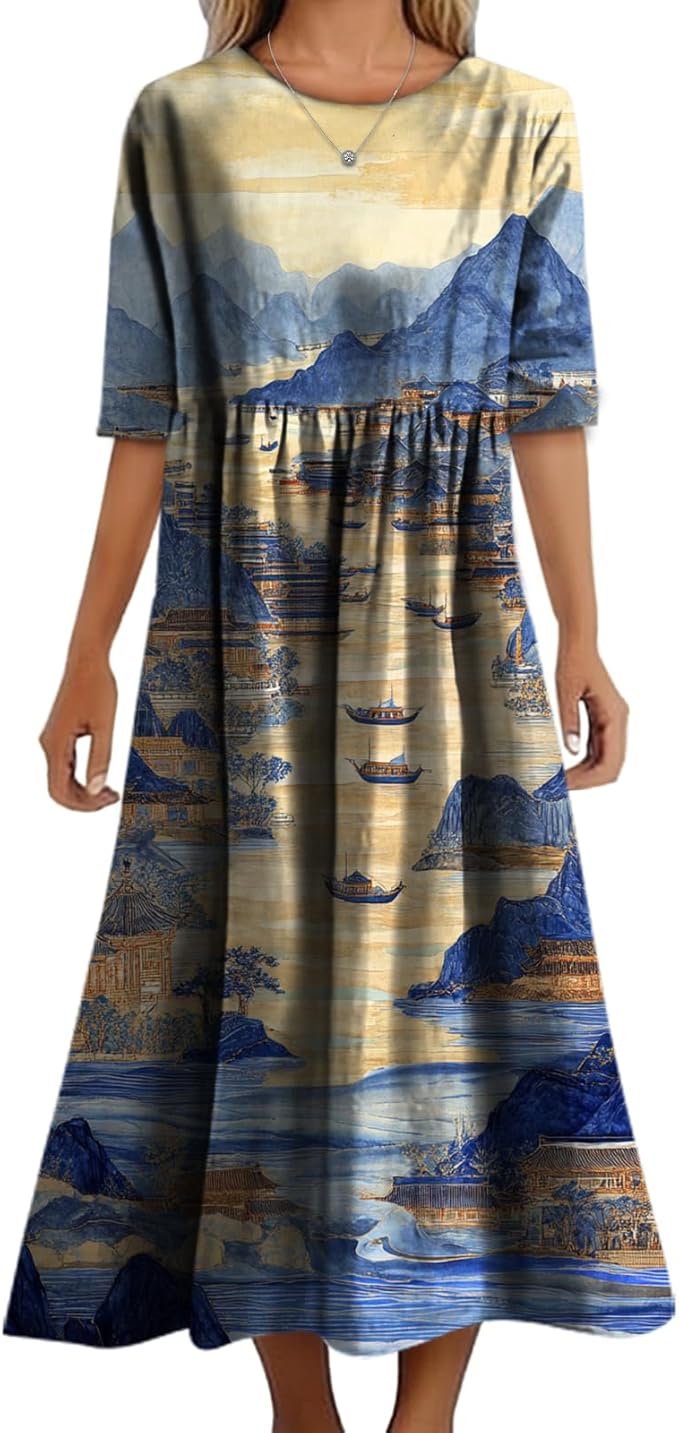 MARSVOVO Trendy Dresses for Women 2025 Classic Fairy Flowy Sundress Relaxed Fit Dress with Side Pockets