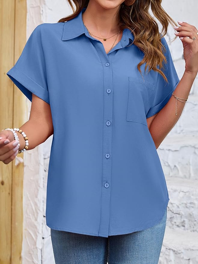 Womens Button Down Shirt Casual Short Sleeve Collared Work Blouse with Pocket
