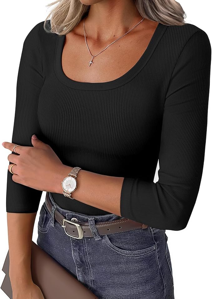 Womens 3/4 Sleeve Scoop Neck Top Ribbed Knit Slim Fitted Casual Basic Tee Shirts 2025 Fall Trendy Work T-Shirt Outfits
