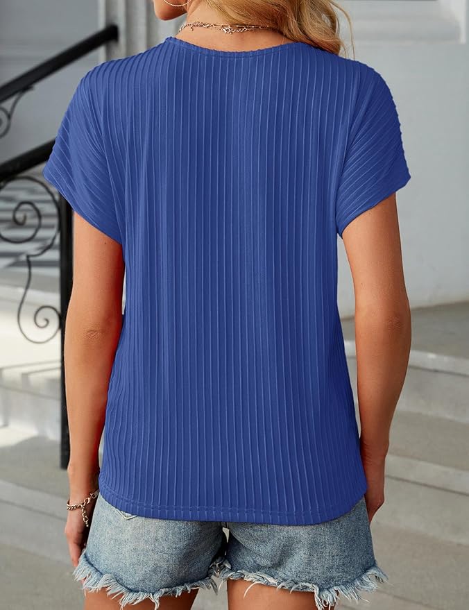 JUSTFASHIONNOW Womens Short Sleeve Blouses Business Casual Tops Crew Neck Basic Tees Textured Work Shirts Cute Office Outfits