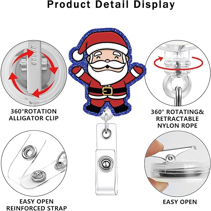 Christmas Santa Claus papa Noel de Navidad Badge Reels Retractable Funny Cute Badge Holder with Badge Reel Unique ID Clip Name Tag Card Badge Clip Gifts Nurse Student Worker Teacher