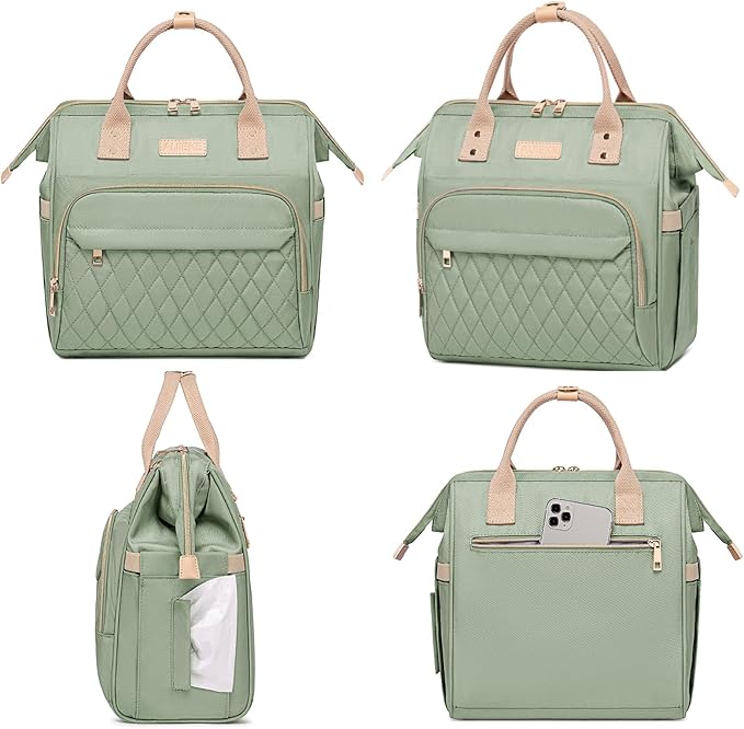 AIJIEKE Lunch Bag for Women, Leakproof & Insulated Work Lunch Box Tote, Reusable Adult Cooler Bag with Water Bottle Side Pocket & Removable Shoulder Strap, Green