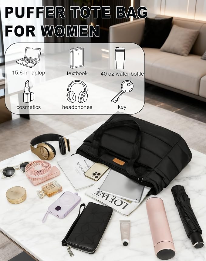 Quilted Puffer Tote Bag for Women, Waterproof Lightweight Work Bag for Nurse/Commuter with 16" Laptop Pocket | Puffer Tote Bag