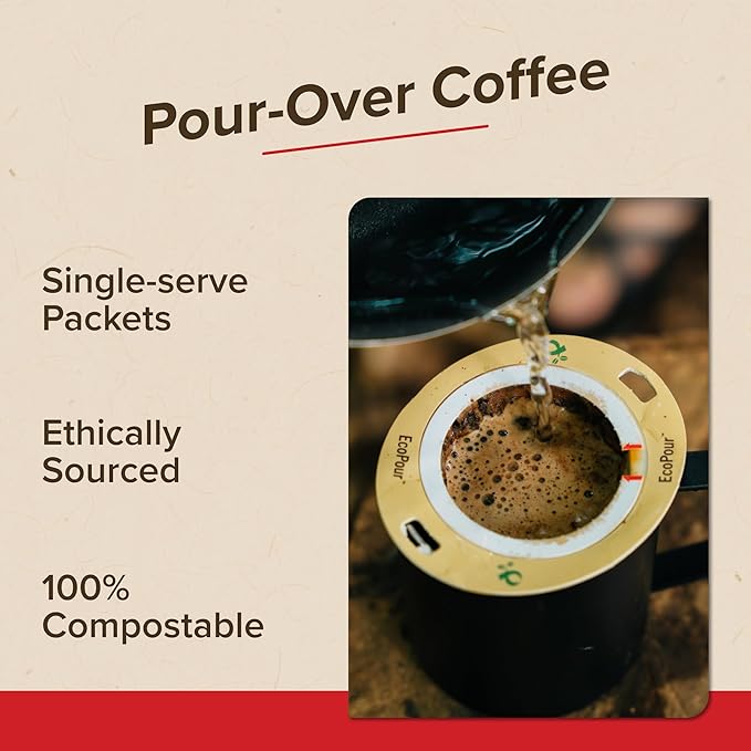 Coulée EcoPour O.G. Coffee, All Paper Single Serve Pour Over Colombian Coffee, Medium Roast, Use for Camping or Traveling, Pre Filled Compostable Filters, Ready to Brew with Hot Water, Plastic Free, 10 Pack