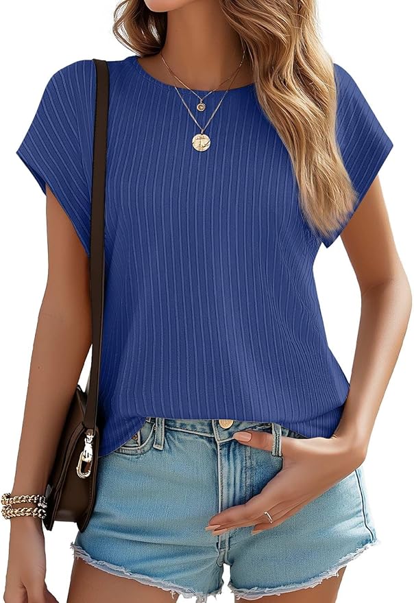 JUSTFASHIONNOW Womens Short Sleeve Blouses Business Casual Tops Crew Neck Basic Tees Textured Work Shirts Cute Office Outfits