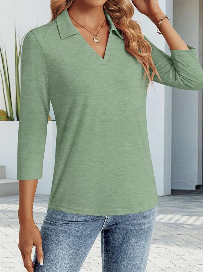 3/4 Length Sleeve Womens Tops Dressy Casual V Neck Polo Shirts Business Work Blouses 2025 Trendy Tunic Top